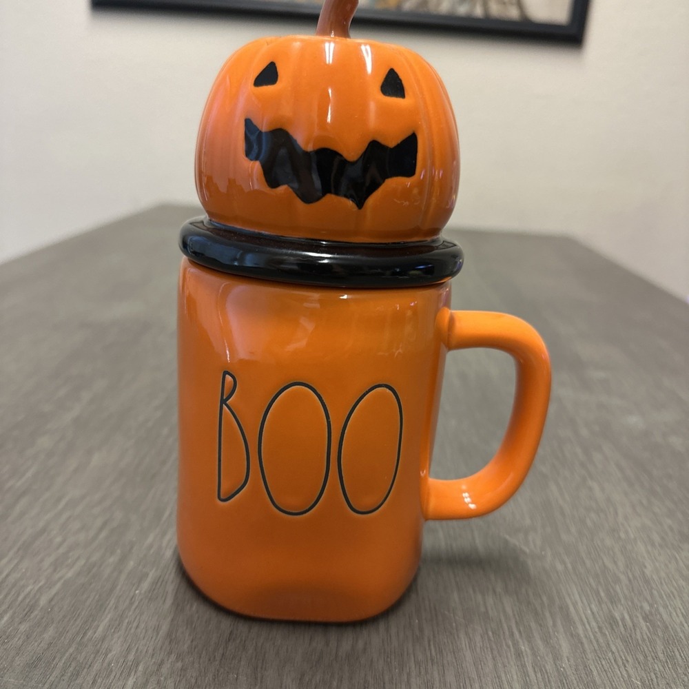 Rae Dunn Halloween BOO Orange Mug Ceramic Coffee Cup Pumpkin Topper Lid Spooky
